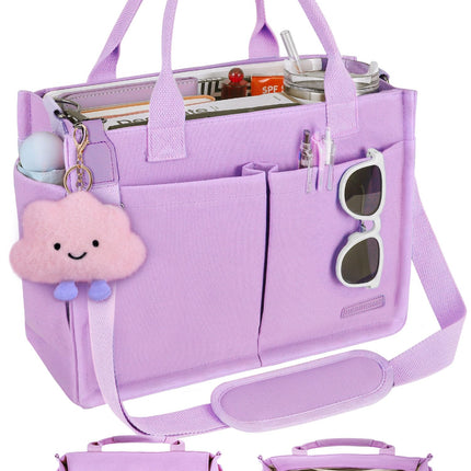 BESBESME Canvas Tote Bag for Women with Zipper, Compartments & Luggage Sleeve, Work and College Crossbody Bag, Adjustable Strap, Laptop Purse for Teacher, Nurse, Travel, Bible Study, Purple L