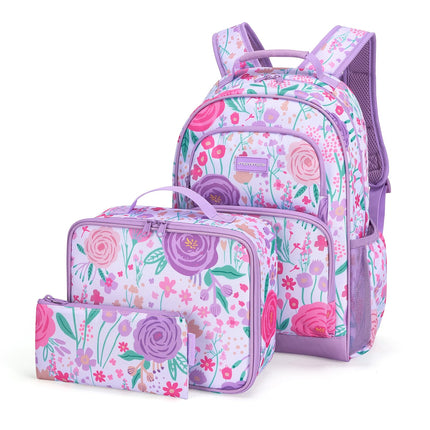 mommore Backpack for Girls 4-8 Kids Backpack Preschool Kindergarten Bookbag with Lunch Box Lightweiht School Bag for Students Travel Daypack (3 PCS, Flower Purple)