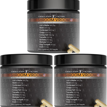 Formulation Factory Shroom Vroom 10-in-1 Mushroom Complex (2-Pack) with Lion's Mane, Reishi, Cordyceps, Chaga, Turkey Tail, Tremella, Maitake, Shiitake & More (360 Count Pack of 3)