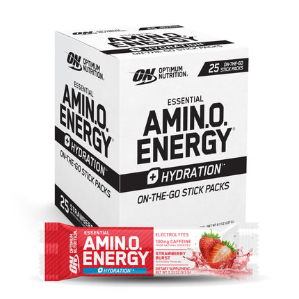 Optimum Nutrition Amino Energy Plus Hydration Packets, On-the-Go Energy Powder Stick Packs, Strawberry Burst, 25 Count