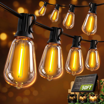 Skoiuc Solar String Lights Outdoor Waterproof Lights with Remote & Timer, LED Shatterproof ST38 Bulbs, USB & Solar Powered Patio Lights for Backyard, Porch, Garden, Wedding, Christmas Decor (50FT)