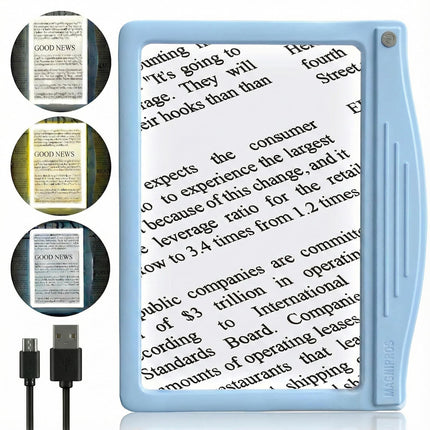 MagniPros 5X Rechargeable Large Ultra Bright LED Page Magnifier with Anti-Glare Lens & 3 Color Light Modes, Relieve Eye Strain- Ideal for Reading Small Print, Low Vision, Seniors