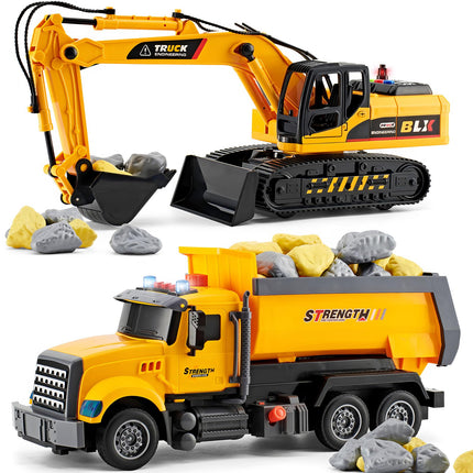LerBao 2 Pack Construction Engineering Truck Toys,Moveable Claw Excavator & Lifting Back Dump Truck Toy for 3 4 5 6 7 8 Years Old Boys Kids Childs Toddlers Christmas Birthday Gifts