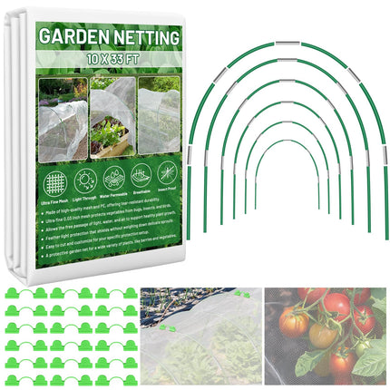 Sunwinx Garden Mesh Netting Kit for Raised Beds, 10x33FT Ultra Fine Mesh Netting&6 Sets 8FT Fiberglass Garden Hoops, Insect Netting Row Cover, Pest Barrier Protection for Vegetable Fruits Flowers