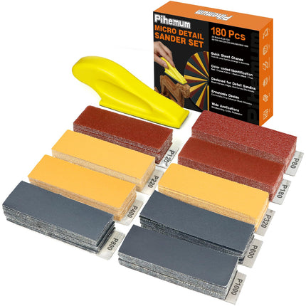 180 PCS Mini Detail Sanding Kit, 80-1000 Grit Sandpaper with Finger Sanding Blocks for Small Areas and Corners, Ideal for Woodworking, Furniture Repair, Crafts and DIY