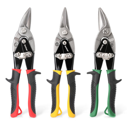 HURRICANE 3 pc Aviation Tin Snips Set, 10 Inch Metal Shears for Straight, Left & Right Curves, Cr-V Steel Blades, Non-Slip TyreGrip Handle, Safety Latch, for Sheet Metal, Gutter, HVAC, DIY