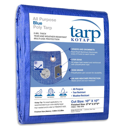Kotap 10 x 10 Ft. All-Purpose Multi-Use Protection/Coverage 5-mil Poly Tarp, Waterproof, Blue, 1-Pack (TRA-1010)