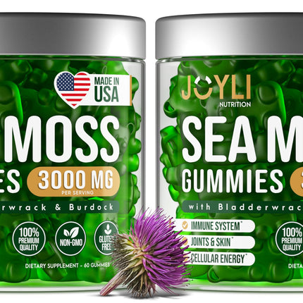 JOYLI Nutrition 2 Pack - Sea Moss Gummies for Adults & Kids – Vegan Irish Sea Moss Supplement with Bladderwrack & Burdock Root – Sugar-Free Immune Support Supplements - 60 Gummy Bears per Pack
