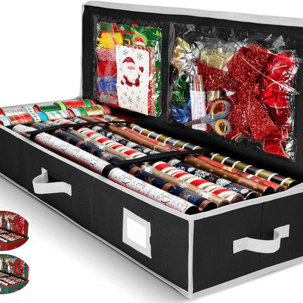 Premium Wrapping Paper Organizer Storage | Gift Wrap Holder With Extra Pockets for Christmas Decorations, Reinforced Handles, Heavy Duty, Ultra-Durable, Tear-Proof Fabric - Fits Up to 27 Rolls (Black)