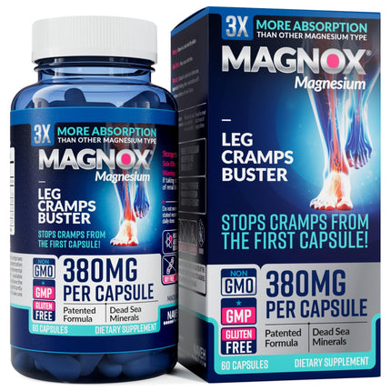 MAGNOX® Buster | Patented Clinically Tested 380mg Magnesium Supplement for Spasms & Leg Cramps at Night | One Capsule a Day for Almost Full Dosage | 3X More Absorption | Dead Sea Minerals (60 Caps)