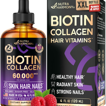Liquid Biotin & Collagen 60,000 mcg - Vitamins for Hair Growth Support - Extra Strength Drops for Women & Men - Liquid Collagen Supplement - Strong Nails & Healthy Skin - Made in USA - 4 Fl Oz