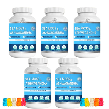 BIO VITALICA Sea Moss Ashwagandha Gummies - Organic Irish Sea Moss Blended with Burdock Root & Bladderwrack - Natural Energy & Calm Support for Adults - 5 Packs