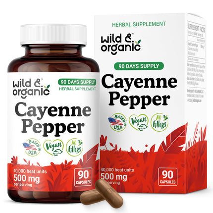 Wild & Organic Cayenne Pepper Capsules 500 mg - Digestive Support - Pure Cayenne Pepper Extract - Capsaicin Powder Supplement - Vegan, No Fillers, Non-GMO - 90 Count