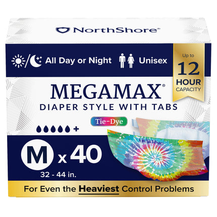NorthShore MegaMax 12-Hour HBL Adult Diapers for Heavy Bladder Leaks, Medium, 40 Count, Tie-Dye, 32-44 inches, Tab-Style Incontinence Underwear for Men, Women & Teens