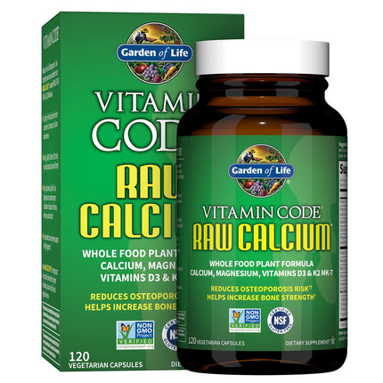 Garden of Life Raw Calcium Supplement for Women and Men - Vitamin Code Made from Whole Foods with Magnesium, K2, Vitamin D3 and Vitamin C plus Probiotics for Digestion, 120 Capsules