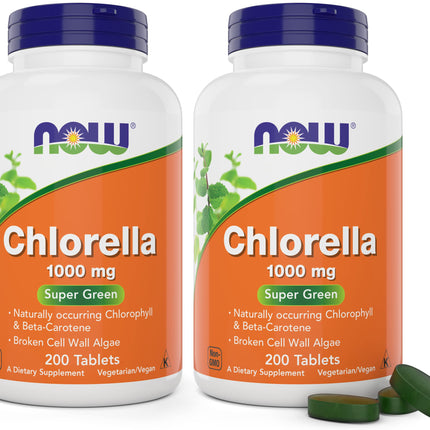 Now Chlorella 1000mg Tablets - 200 Count (Pack of 2) - Natural Occurring Chlorophyll, Beta-Carotene - Non-GMO, Vegan - Green Super Food Supplement for Women and Men