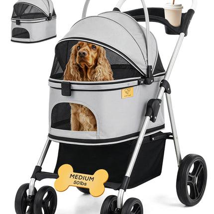 LUXE CARES 4 Wheel Foldable Pet Stroller - Lightweight Dogs and Cats Stroller Upto 50lbs with Mesh Canopy, Storage Basket and Cup Holder, Durable for Walks and Outings (Medium)