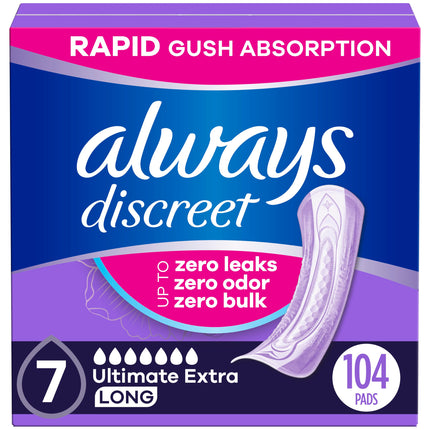 Always Discreet Adult Incontinence Pads for Women, Drier, 7 Drop Long Length, Ultra Absorbency, Pads for Bladder Control Management, Bladder Leaks, Overnight & Postpartum Pads, 104ct