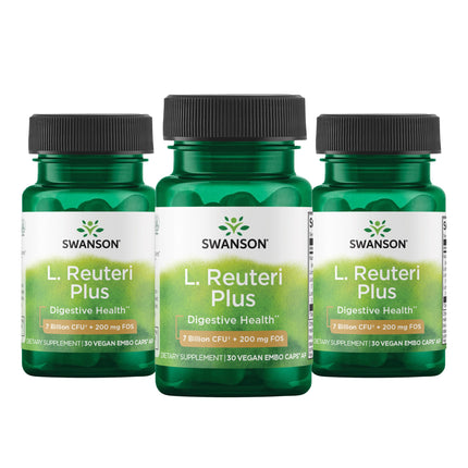 Swanson L. Reuteri Probiotic Plus with L. Rhamnosus, L. Acidophilus & FOS Prebiotic for Gut-Health-Conscious Adults - 7 Billion CFU (30 Vegan Capsules, 3 Pack)