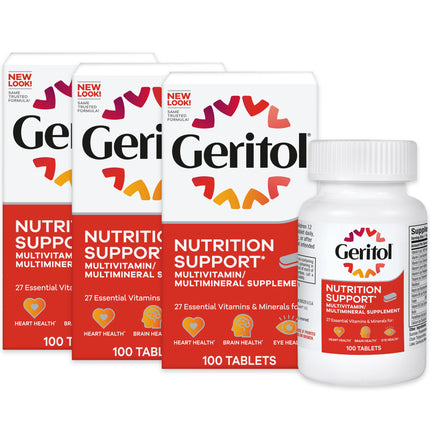 Geritol Multivitamin Supplement, Contains B-Vitamins, Antioxidants, Vitamins C, E & D and Iron, 27 Essential Vitamins and Minerals, Gluten-Free, Non-GMO, No Artificial Sweeteners, 100 Tablets, 3 Pack
