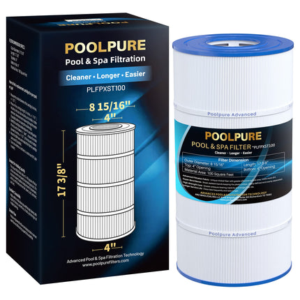 POOLPURE PXST100 Pool Filter Replaces Hayward X-Stream CC1000, CCX1000-RE, Pleatco PXST100, Unicel C-8311, Ultral-B6, Filbur FC-1285, 817-0100N/P, Waterway Pro Clean 100, L x OD: 17 3/8" x 8 15/16"