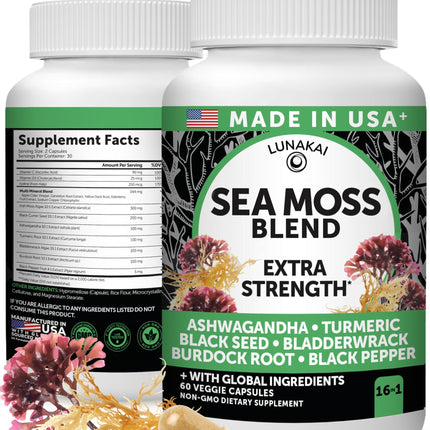 Lunakai USA Made Irish Sea Moss Capsules with Black Seed Oil, Ashwagandha, Burdock Root & Bladderwrack, 60ct