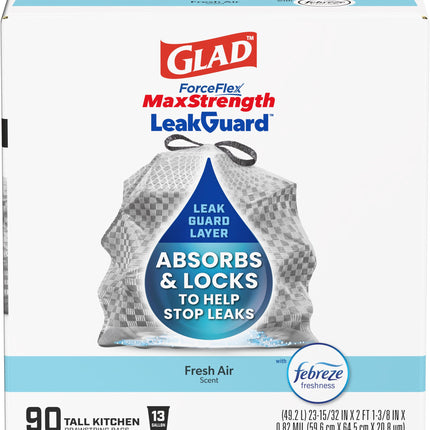Glad ForceFlex MaxStrength LeakGuard Trash Bags, 13 Gal, Fresh Air, 90 Ct (Package May Vary)