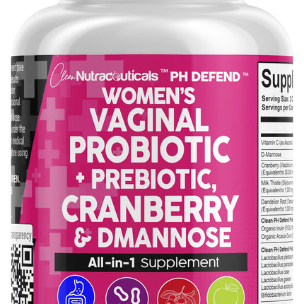 Clean Nutraceuticals Vaginal Probiotics for Women with Cranberry, D-Mannose, Prebiotics, pH Balance Support, Feminine Health, Urinary Tract Cleanse – Capsule Alternative to Gummies – 60 Count
