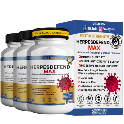 HerpesDefend Max, Extra Strength Advanced Defense Formula, 60 Capsules, with Elderberry, Echinacea, Turmeric, Garlic, Vitamins and Probiotics (3)