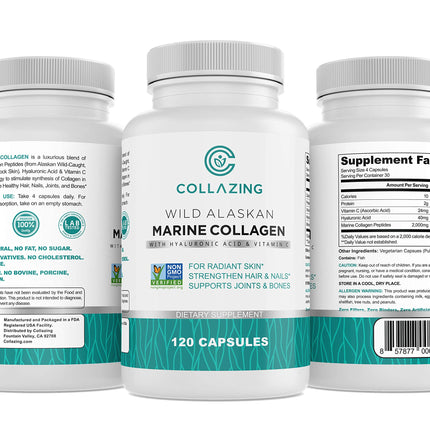 C COLLAZING - Alaskan Wild-Caught Marine Collagen Peptides with Hyaluronic Acid & Vitamin C - Supports Skin, Hair, Nails, Joints & Bones - Type 1 & 3 Collagen for Women & Men - 120 Powder Capsules