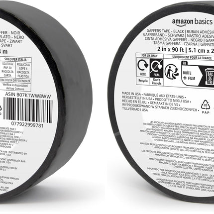 Amazon Basics No Residue, Non-Reflective Gaffers Tape for Photography, 2 inch x 90 feet, Black (Pack of 2)
