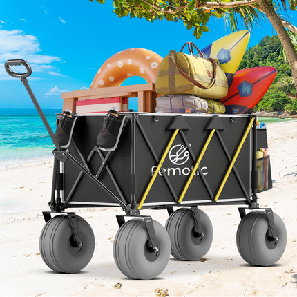Beach Wagon with Big Wheels for Sand, 10.5" TPU All-Terrain Inflatable Wheels, Heavy Duty Folding Wagon, 150L Large Capacity, Collapsible Cart for Beach, Camping, Garden & Outdoor Sports (Black)