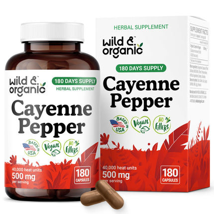 Wild & Organic Cayenne Pepper Capsules 500 mg - Digestive Support - Pure Cayenne Pepper Extract - Capsaicin Powder Supplement - Vegan, No Fillers, Non-GMO - 180 Count
