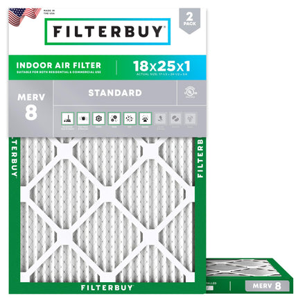 Filterbuy 18x25x1 Air Filter MERV 8 Essential Dust & Allergy Defense (2-Pack), Electrostatic Pleated HVAC AC Furnace Filters Replacement (Actual Size: 17.50 x 24.50 x 0.75)