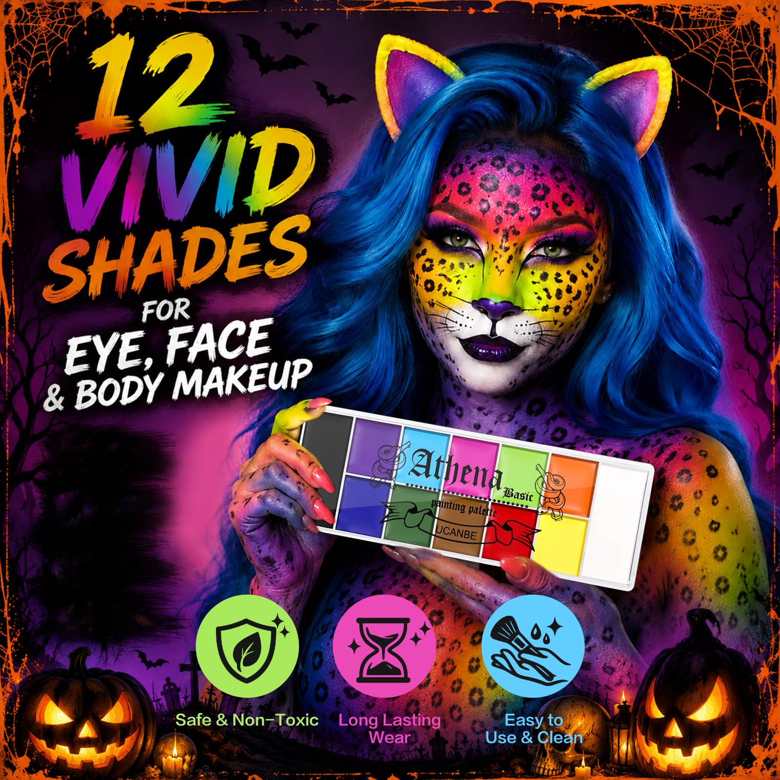 UCANBE Athena Basic Face Body Paint Oil Palette, 12 Color Large Black ...