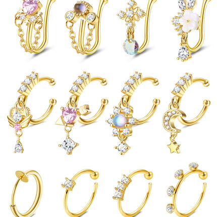 Florideco 12Pcs Nose Cuff Fake Nose Ring Hoop for Women Men Gold