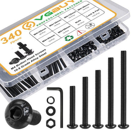 VGBUY 340Pcs M4 Screw Kit, Black M4 Screws Bolts, 25/30/35/40/45/50mm Metric Button Head Cap Screw Assortment Kit with Washer Nuts,10.9 Grade