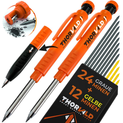 THORVALD 2 Pro Expandable Construction Pencils (+ 38 Multi-Media Lead + Lead Size + Easy-Write Grip) Lead Holder for Carpenter DIY Drawing Drawing on Wood, Metal, Concrete, Tiles