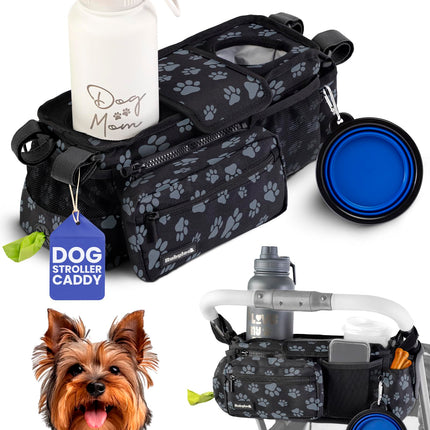 Dog Stroller Caddy Organizer with Poop Bag Dispenser, Treat Pocket, Water Bowl – Dog Stroller Accessories with Insulated Cup Holders, Pet Storage & Non-Slip Fit for 14"-19" Wide Handlebars - Paws