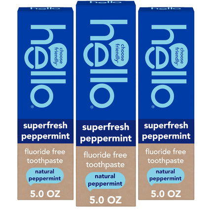 Hello Superfresh Natural Peppermint Fluoride Free Toothpaste for Bad Breath, 5 Oz, Minty Bad Breath Toothpaste, SLS Free, Vegan, Helps Whiten Teeth by Removing Surface Stains (Pack of 3)