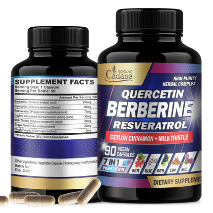 Organic Cadane 7in1 Pure Berberine Supplement with Quercetin, Ceylon Cinnamon, Resveratrol, Milk Thistle, Grape Seed, and Black Pepper - 90 Capsules for 3-Month Supply - Immunity Health Support