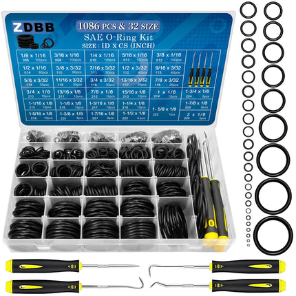 ZDBB 1086 Pcs SAE Standard O Ring Kit Nitrile Rubber O-Rings Assortment with O‘Ring Pick for Hydraulic Automotive Plumbing Faucet Seal Repair 32 Size Inch ID:1/8”-2”