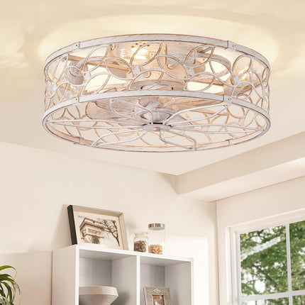 LEDIARY Caged Ceiling Fans with Lights, White Flush Mount Ceiling Fan with Remote&App, Small Low Profile Bladeless Ceiling Fan Light Fixture for Bedroom, Kitchen, Dining Room-White Gold Color