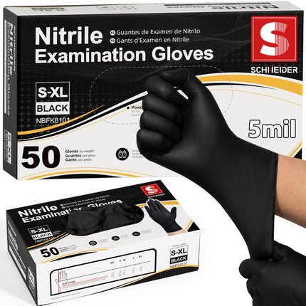 Schneider Medical Black Nitrile Exam Gloves, S, 5 Mil Disposable Gloves, Box of 50, Latex Free & Powder Free, for Medical, Cleaning, Food Prep