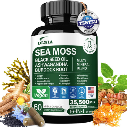 16-in-1 Organic Sea Moss Gel Alternative Capsules – Superfood Blend with Ashwagandha, Black Seed Oil, Turmeric, Bladderwrack, Burdock, Elderberry, Manuka, Dandelion, Yellow Dock, Vitamin C & D3