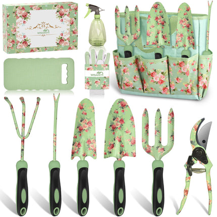Gardening Tools, WisaKey 10 Piece Heavy Duty Garden Tools Set with Handle, Durable Fashion Garden Organizer Handbag, Ideal Gardening White Elephant Gifts Gift for Woman Mothers