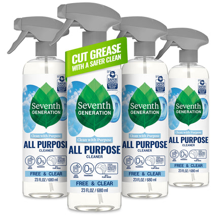 Seventh Generation All Purpose Cleaner, Free & Clear, 23 oz, Pack of 4, Plant-Based Cleaning Spray, Cuts Grease & Grime, No Fragrance or VOCs, Safe for Kids & Pets, Works on Glass, Sealed Wood & More