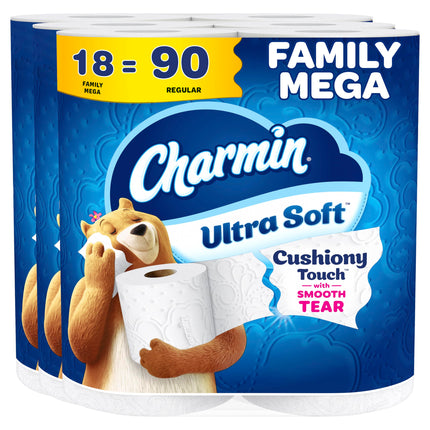 Charmin Ultra Soft Cushiony Touch 2-Ply Toilet Paper, 18 Family Mega Rolls = 90 Regular Rolls, White