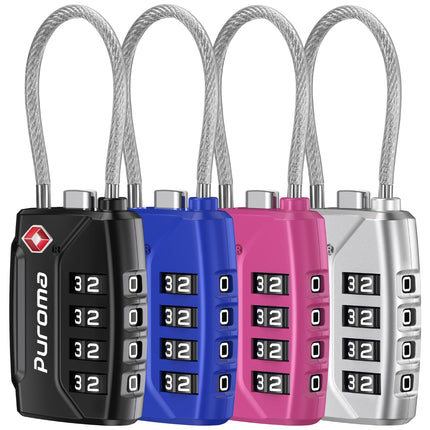 Puroma TSA Approved Luggage Lock, Multicolor 4 Digit Combination Travel Cable Locks Resettable Code Lock with Zinc Alloy Body for Suitcase, Backpack, Bag, Gym Locker (Black,Blue,Silver,Red-Violet)