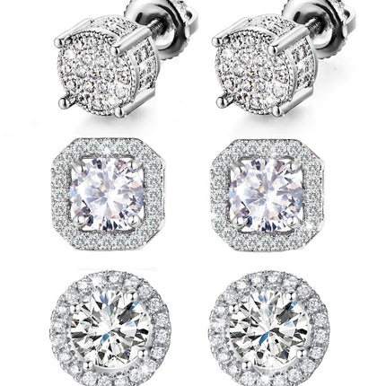 Stud Earrings for Men,18K White Gold Plated Round Square Cubic Zirconia Hypoallergenic Studs Earrings Set for Women (3 Pairs-A+B+C Silver)